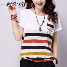阿桑纳拉2017夏装新款宽松短袖T恤女士条纹休闲圆领T恤大码女装